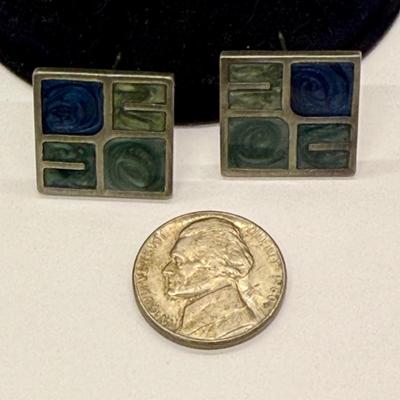 Sale Photo Thumbnail #293: Silvertone "panes" holding green and blue chips, sort of like miniature stained glass windows. For pierced ears. Good condition.