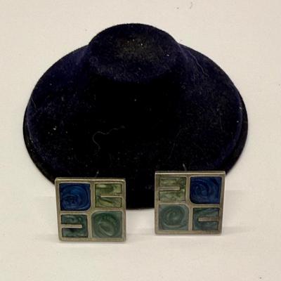 Sale Photo Thumbnail #290: Silvertone "panes" holding green and blue chips, sort of like miniature stained glass windows. For pierced ears. Good condition.