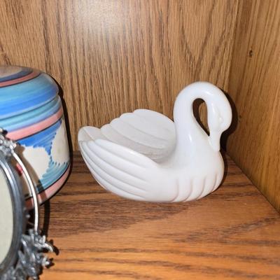 Variety of household Knick knacks - Trinket box - small vase - wall pocket vase - picture frames and more