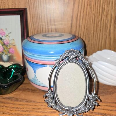 Variety of household Knick knacks - Trinket box - small vase - wall pocket vase - picture frames and more