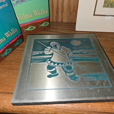 Two old Women Eskimo book - artwork Eskimo on metal - American Indian read and color book and a numbered and signed print