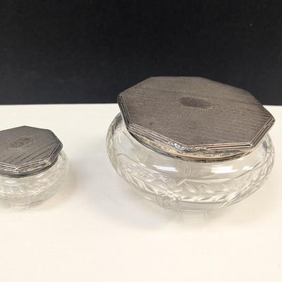 Sale Photo Thumbnail #2027: Vintage Vanity Powder Jars Lids Stamped Axe With 3 X's Sterling 7100-1 DH 88g