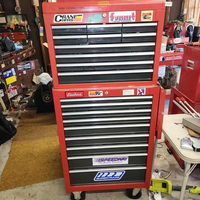 2 Section Tool Cabinet Chest 19 Drawers 2 Foldup Side Tables on Casters