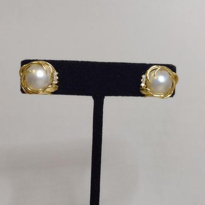 14 Karat Yellow Gold and Pearl Post Earrings with Diamond Accents- Approx Total Weight 4.5 Grams (#53)