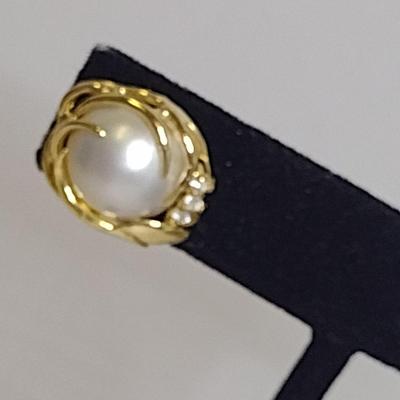 14 Karat Yellow Gold and Pearl Post Earrings with Diamond Accents- Approx Total Weight 4.5 Grams (#53)
