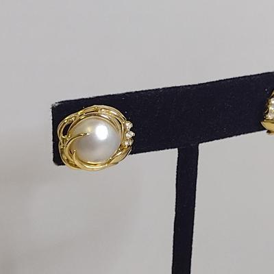 14 Karat Yellow Gold and Pearl Post Earrings with Diamond Accents- Approx Total Weight 4.5 Grams (#53)