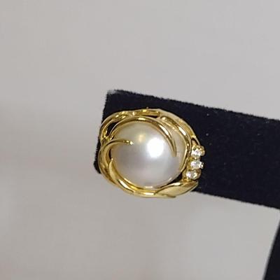 14 Karat Yellow Gold and Pearl Post Earrings with Diamond Accents- Approx Total Weight 4.5 Grams (#53)