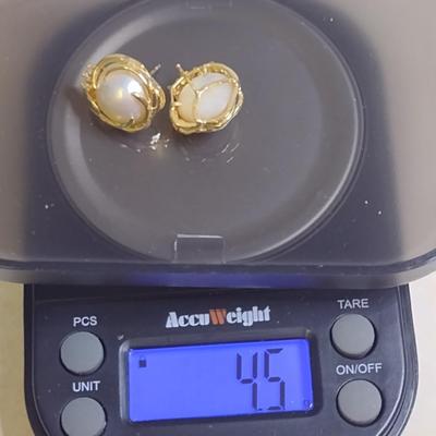 14 Karat Yellow Gold and Pearl Post Earrings with Diamond Accents- Approx Total Weight 4.5 Grams (#53)