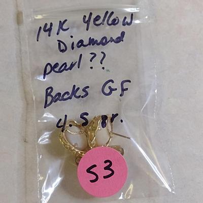 14 Karat Yellow Gold and Pearl Post Earrings with Diamond Accents- Approx Total Weight 4.5 Grams (#53)
