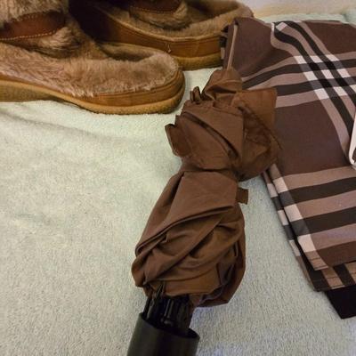 Quoddy Boots with umbrella, rain caper, and gloves