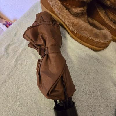 Quoddy Boots with umbrella, rain caper, and gloves