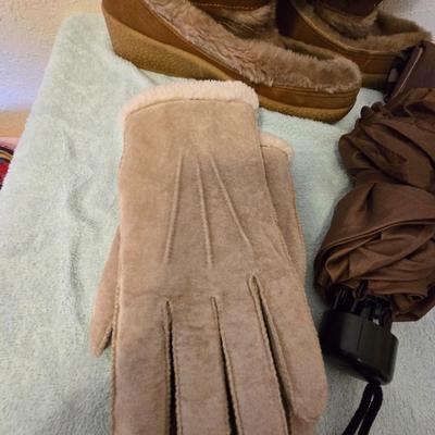 Quoddy Boots with umbrella, rain caper, and gloves