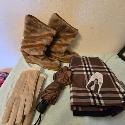 Quoddy Boots with umbrella, rain caper, and gloves