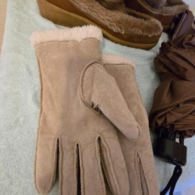 Quoddy Boots with umbrella, rain caper, and gloves
