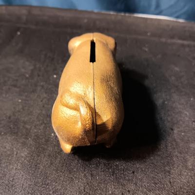 2 BRASS COLORED CAST IRON PIGGY BANKS