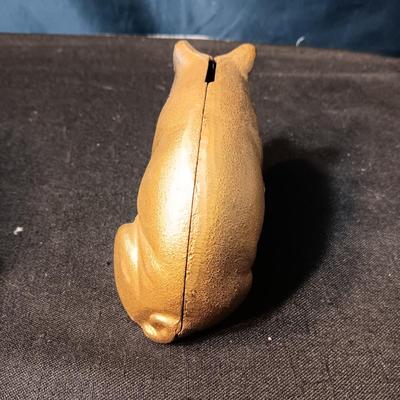 2 BRASS COLORED CAST IRON PIGGY BANKS