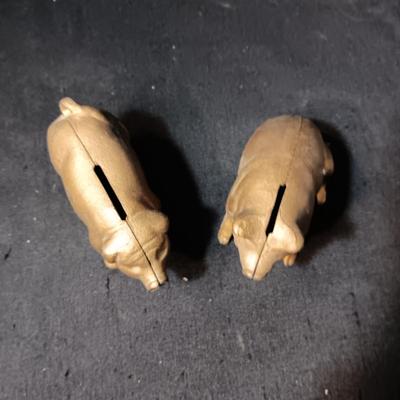2 BRASS COLORED CAST IRON PIGGY BANKS
