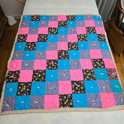 Handmade baby quilt with vintage baby blanket with stitched edging