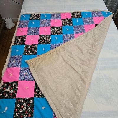 Handmade baby quilt with vintage baby blanket with stitched edging
