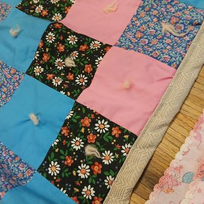 Handmade baby quilt with vintage baby blanket with stitched edging