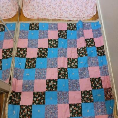 Handmade baby quilt with vintage baby blanket with stitched edging