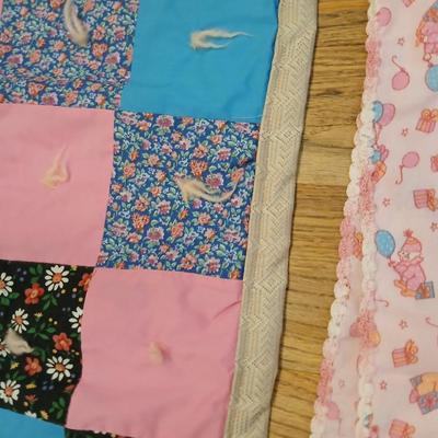 Handmade baby quilt with vintage baby blanket with stitched edging