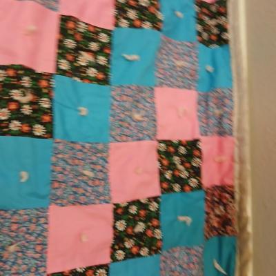 Handmade baby quilt with vintage baby blanket with stitched edging