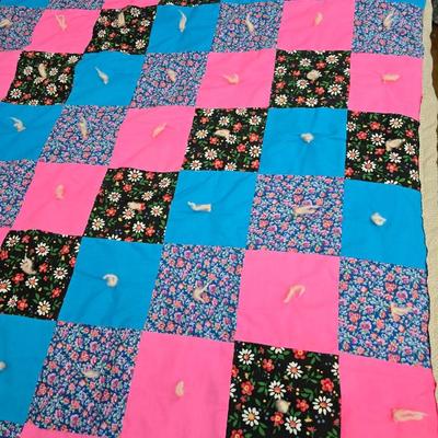 Handmade baby quilt with vintage baby blanket with stitched edging