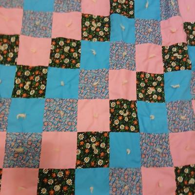 Handmade baby quilt with vintage baby blanket with stitched edging