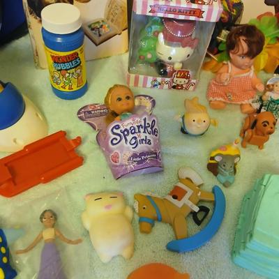 Grandkid's toybox - includes 1969 Mattel baby go bye bye bumpity car records, dolls, bubbles, and a great selection of new and...