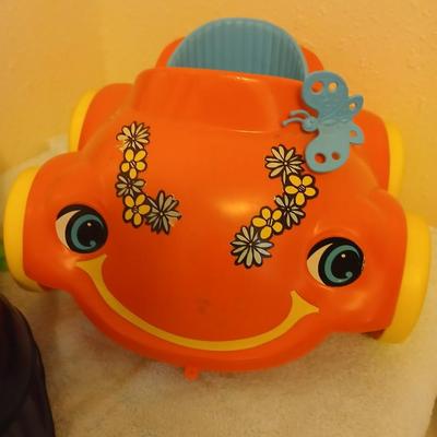 Grandkid's toybox - includes 1969 Mattel baby go bye bye bumpity car records, dolls, bubbles, and a great selection of new and...