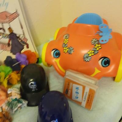 Grandkid's toybox - includes 1969 Mattel baby go bye bye bumpity car records, dolls, bubbles, and a great selection of new and...