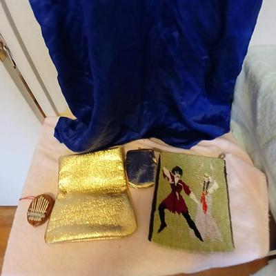 Vintage Japanese Kimono Blue Silk Embroidered Red Dragons with gold coin purse and embroidered art cloth