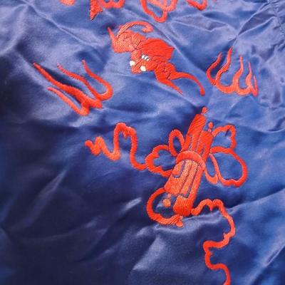Vintage Japanese Kimono Blue Silk Embroidered Red Dragons with gold coin purse and embroidered art cloth