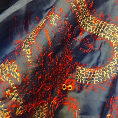 Vintage Japanese Kimono Blue Silk Embroidered Red Dragons with gold coin purse and embroidered art cloth