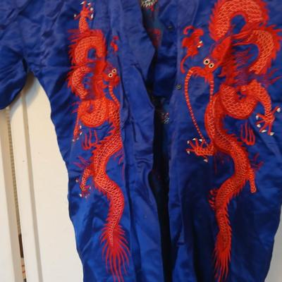 Vintage Japanese Kimono Blue Silk Embroidered Red Dragons with gold coin purse and embroidered art cloth