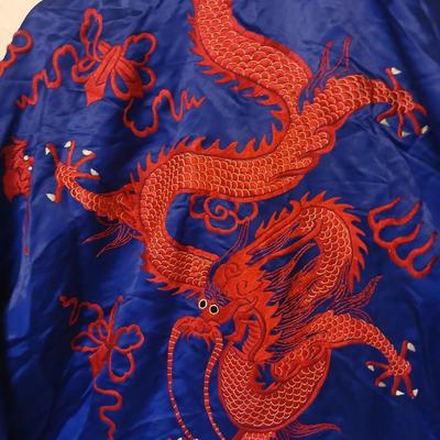 Vintage Japanese Kimono Blue Silk Embroidered Red Dragons with gold coin purse and embroidered art cloth