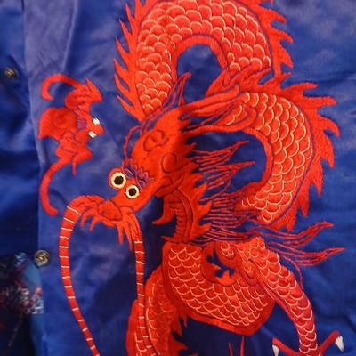 Vintage Japanese Kimono Blue Silk Embroidered Red Dragons with gold coin purse and embroidered art cloth