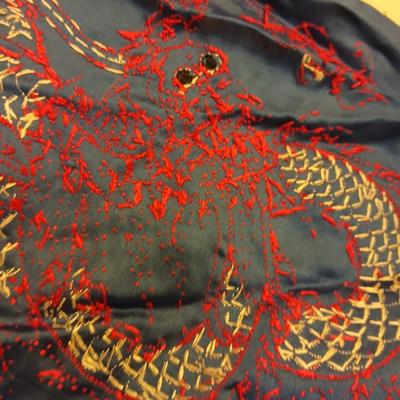 Vintage Japanese Kimono Blue Silk Embroidered Red Dragons with gold coin purse and embroidered art cloth