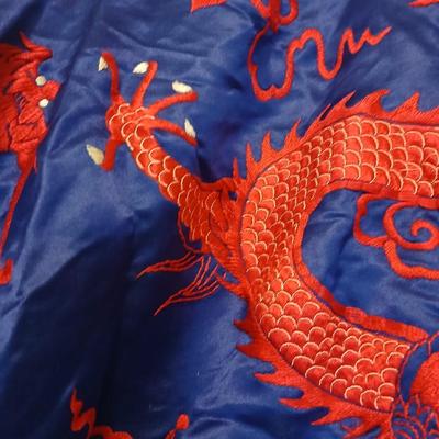 Vintage Japanese Kimono Blue Silk Embroidered Red Dragons with gold coin purse and embroidered art cloth