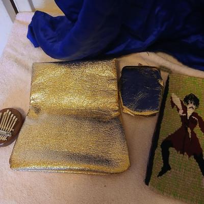 Vintage Japanese Kimono Blue Silk Embroidered Red Dragons with gold coin purse and embroidered art cloth