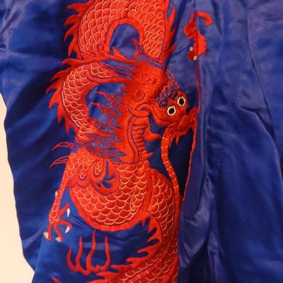 Vintage Japanese Kimono Blue Silk Embroidered Red Dragons with gold coin purse and embroidered art cloth