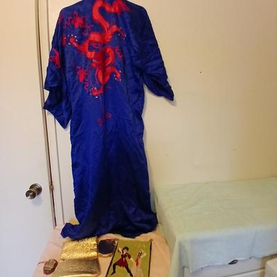 Vintage Japanese Kimono Blue Silk Embroidered Red Dragons with gold coin purse and embroidered art cloth