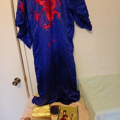 Vintage Japanese Kimono Blue Silk Embroidered Red Dragons with gold coin purse and embroidered art cloth