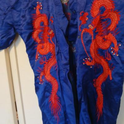 Vintage Japanese Kimono Blue Silk Embroidered Red Dragons with gold coin purse and embroidered art cloth