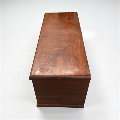Sale Photo Thumbnail #32: Art Deco Waterfall Design cedar lined blanket chest. Lane Cedar Chest.  Chest has some wear on the top.  Original key is still stapled to the bottom of the chest.  The brackets that hold the lid open are missing.
47"X18.5"X20.5"