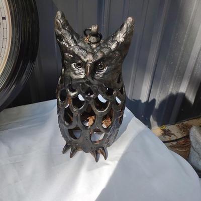 LARGE WALL CLOCK AND CAST IRON OWL LANTERN