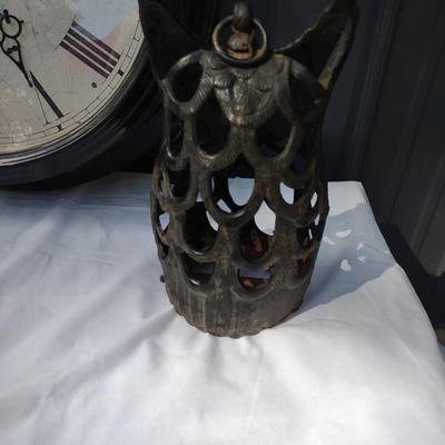 LARGE WALL CLOCK AND CAST IRON OWL LANTERN