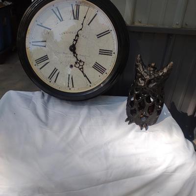 LARGE WALL CLOCK AND CAST IRON OWL LANTERN