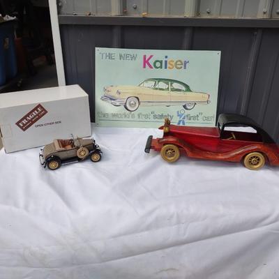 DANBURY MINT MODEL A DIE CAST CAR, A WOODEN MODEL OF A CLASSIC COUPE & TIN SIGN